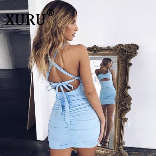 XURU new womens sexy pleated dress halter openwork straps ladies dress white red light blue black dress