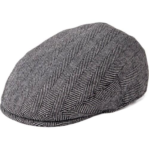 Feinion Summer Hat Autumn Men Cap Wool Blend Flat Caps Large Check Herrinbone Hats 721