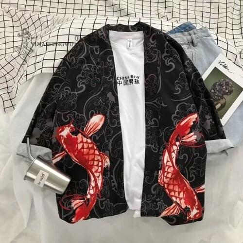 Japanese Kimono Costume Carp Print Loose Men Harajuku Shirts Women Cardigan Blouse Couple Summer Samurai Japan Coat Yukata Suits