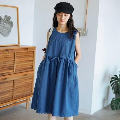 Johnature Women Belt Dresses Sleeveless O-Neck Solid Colour 2021 Summer New Casual Women Clothing Patchwork Lace Dresses