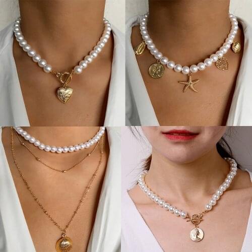 IPARAM Luxury Pearl Stone Shell Pendant Necklace for Women Summer Star Heart Chain Choker Necklace Bohemian Jewelry Gift