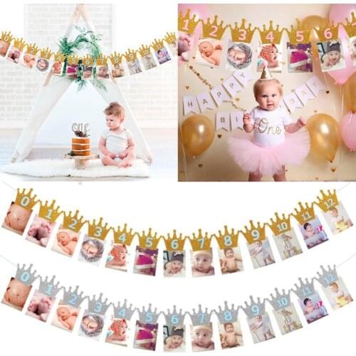 1st Baby Birthday Party Glitter Crown Monthly Photo Banner 1-12 Months Garland Holiday Party Supplies Accessories