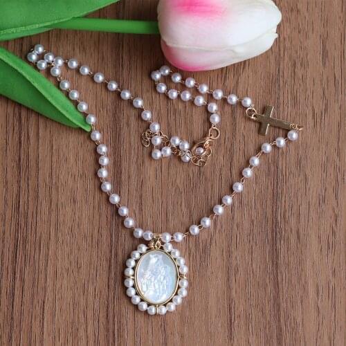 1pc Natural Oval/Round Sacred Heart &Guadalupe &San Benito Mother Pearl and pearl cross Necklace Freshwater Pearl Lady Jewelry