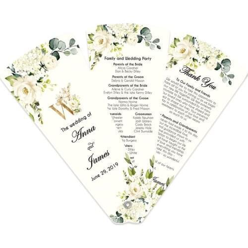 50 pcs Wedding Program Petal Fans Assembled Single page printing Green Customized printed three pages