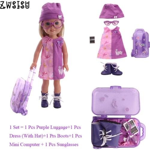 Doll Accessories 2 Colors Doll Travel 1 Set=Luggage+Dress(With Hat)+Shoes+Mini Computer+Glasses For 14.5 Inch Wellie Wishers Toy