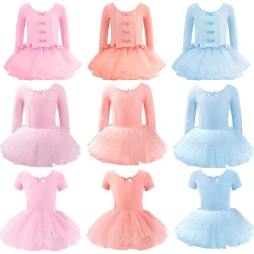 Girls Ballet Dance Tutu Dress Kids Children High Quality Short /Long Sleeves Tulle V Back Bowknot Gymnastics Leotard Dance Wear