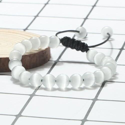 White Cat Eyes Beads Bracelet Charm Women Natural Stone 8mm Simple Braided Bracelets Fashion Lucky Weave Jewelry homme pulsera
