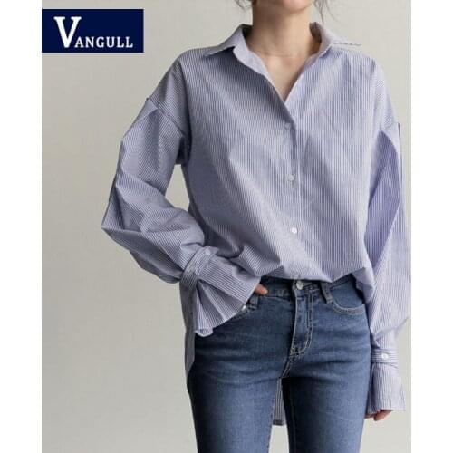 Vangull Blue Vertical Stripe Shirt Womens Spring New Lantern Sleeve Vintage Blouse Loose Simplicity Lapel Office Lady Base Tops
