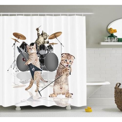 Animal Decor Shower Curtain Cool Fancy Hard Cute Rocker Band of Kittens with Singer Guitarist Cats Print Bathroom Curtains
