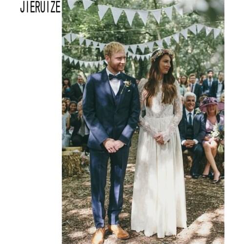 JIERUIZE Modest Lace Boho Wedding Dresses Long Sleeve High Neck Backless A Line Wedding Gowns Vestidos de novia Bridal Dresses