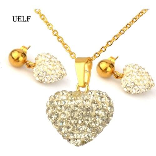 UELF 2020 New Fashion Lovely Cute Heart Necklace and Earring Crystal Jewelry Sets For Women Girls Jewellery