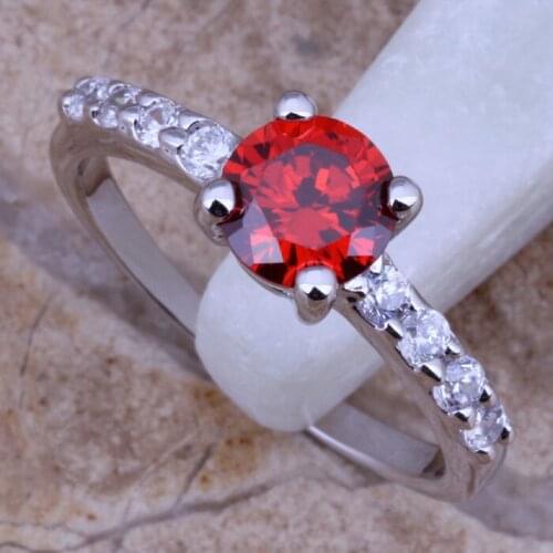 Fancy Red Garnet White CZ Silver Plated Ring Size 9 D608
