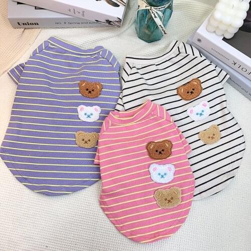 Sweet New Dog Tshirt for Small Medium Dogs Cute Striped French Bulldog Vest Kawaii Bear Embroidered Dog Clothes Pet Outfit