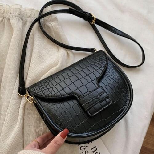 Solid Color PU Leather Shoulder Crossbody Saddle Bags For Women 2021 Womens Designer Flap Handbag Female Travel Crocodile Bag