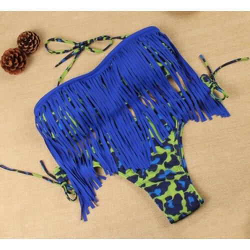 Wholesale Fringe Two-Piece Swimsuit Summer Women Print Split Swimwear Sexy Tassel Female Bikini Set