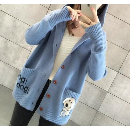Autumn Women Knitted Sweaters Cartoon Pattern Hooded Solid Color Sweater Cardigan Loose Casual Women Tops YoYiKamomo