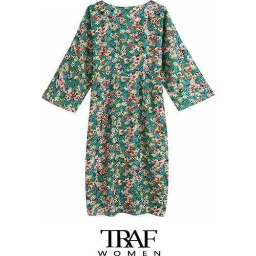 TRAF Za Women Chic Fashion Floral Print Slit Hem Midi Dress Vintage Long Sleeve Backless Zipper Female Dresses Mujer