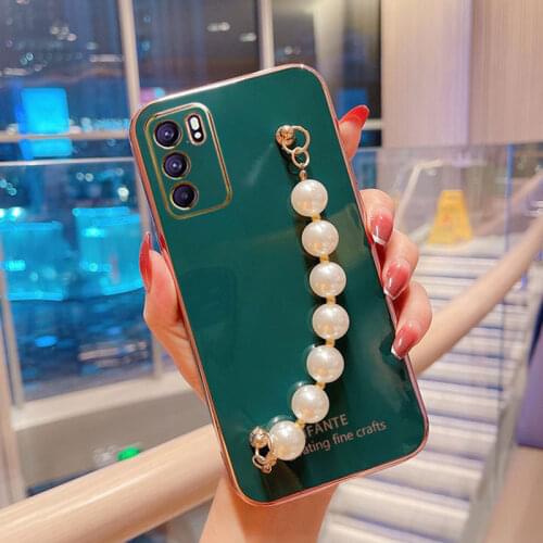 Luxury Wrist Chain Pearl Bracelet Case For Oppo Reno6 Cover For Oppo Reno6 Pro Case Soft Silicone Capa oppo Reno 6 Pro
