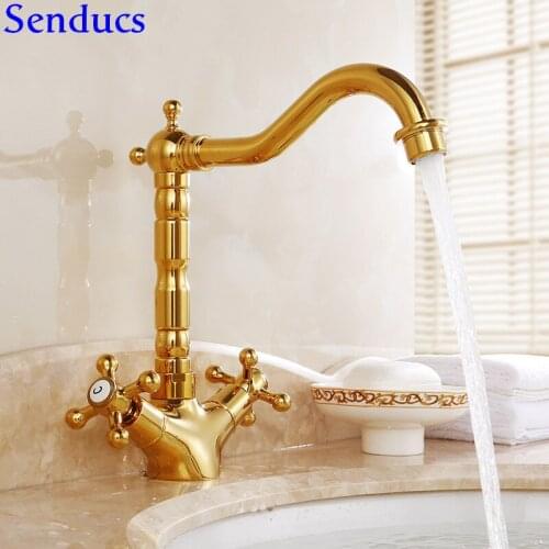 Senducs Gold Bathroom Basin Faucet with Quality Brass Basin Sink Faucet Hot Sale Hot Cold Gold Bathroom Basin Mixer Tap