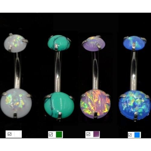 Showlove-1pc Surgical Steel With Sythetic Opal Stone Bottom Belly Bar Body Piercin Jewelry 14G