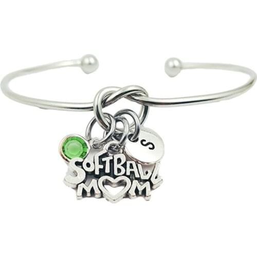 Softball Mom Creative Initial Letter Monogram Birthstone Adjustable Bracelet Fashion Jewelry Women Gift Accessories Pendant