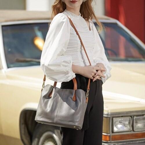 Women Genuine Leather Bag Solid Color Ladies Purse Shoulder Bags Casual Travel School Student Shopping Bags Office Lady Handbag