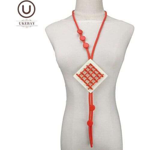 UKEBAY New Long Pendant Necklaces For Female Handmade Rubber Jewelry Square Pendants Wood Necklaces Long Big Statement Jewelry