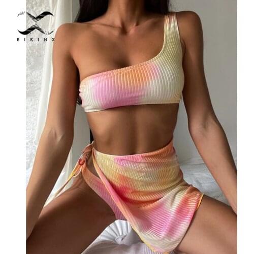3 pieces velvet tie dye bikini 2021 One-shoulder bandeau swimsuit womens swimming suit High cut swimwear Sexy bathing suit Swim