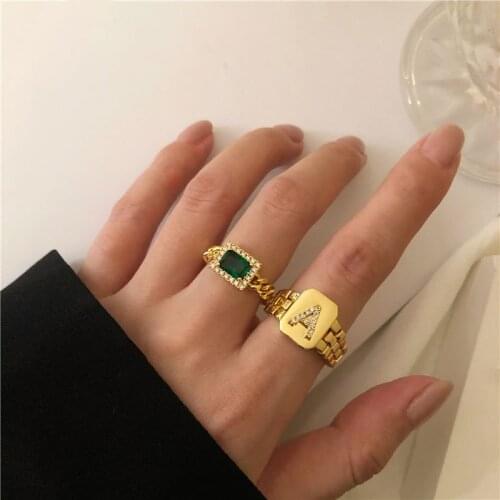 Vintage Initial Letter Rings For Women Zircon Wide Open Cuff Ring With Watchband Link Chain Adjustable Jewelry Anillos Bague