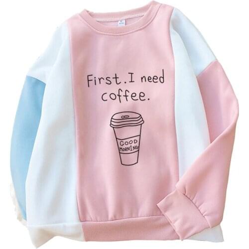 Female Long Sleeve Fleece Hoodies Sweatshirt Kawaii Funny First I need Coffee Print Pullover Harajuku Women Casual Clothing 2018