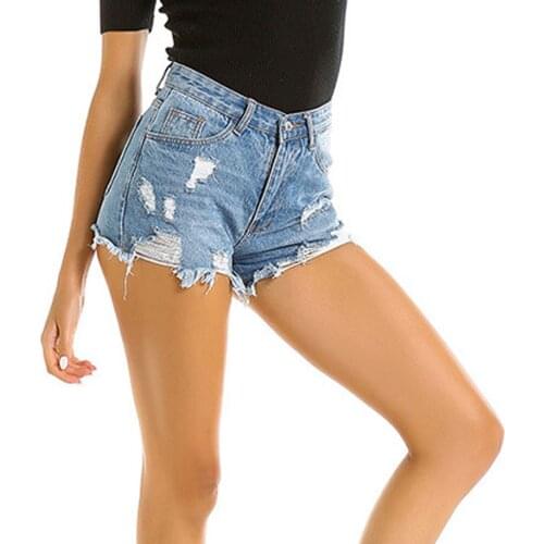 2021 Women Jeans Summer Sexy Ripped Jeans For Adults Solid Color High Waisted Shorts with Pockets (Blue)