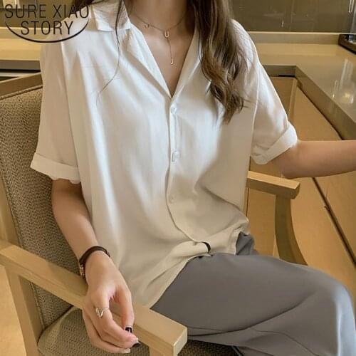 Womens Tops And Blouses New Blusas Shorts Button Solid V-Neck 4XL Plus Size Tops For Women Shirts White Green Tops 5009 50