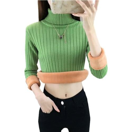 Women Autumn Winter Top Turtleneck Sweater Plus Velvet Thick Warm Bottoming Knitting 2021 New Female Inner Tower Sweaters OK968