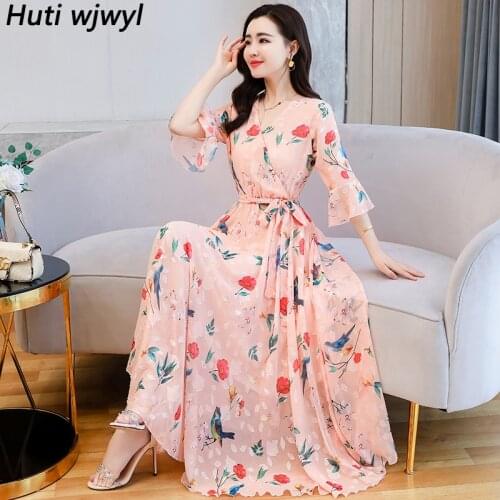 2021 Floral Chiffon Boho Beach Midi Sundress Summer Oversize Vintage Print Maxi Dress Women Elegant Bodycon Party Black Vestidos