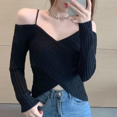 Spring Autumn Strapless Irregular Pure Color Pullover Womens 2021 New Korean Fashion V-Neck Sling Knitting Sweaters Female Tops
