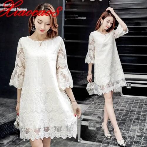 2021 Summer White Half Sleeve O Neck Knee-Length White Lace Dress Woman Krean Style Basic Dresses for Women Plus Size Clothing