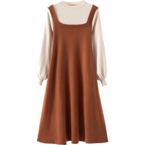 2019 Elegant O-neck Midi Sweater Dress Women Faux Two Piece Knit Autumn Winter Dresses Female Loose A-line Vestidos Casual