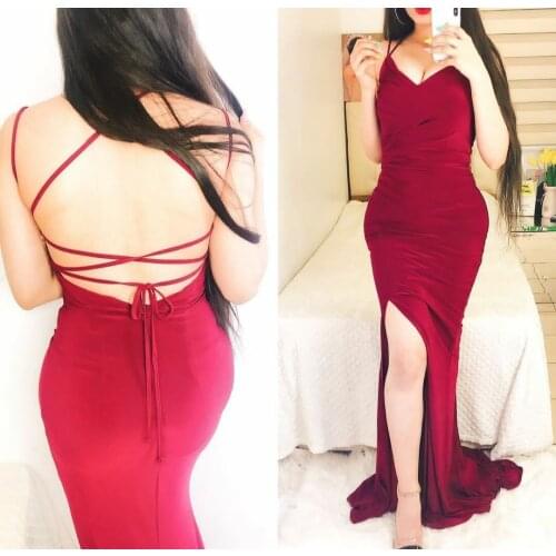 Sexy Long Mermaid Burgundy Prom Dresses with Slit Red Robe De Soiree Floor Length Formal Party Dresses for Women