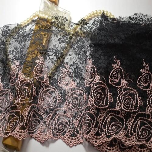 20CM Width (2yards/lot)Embroide black mesh pink pattern Hight quality lace fabrics embroidered lace trim-16032810