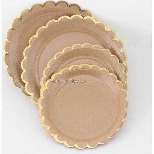 48pcs Kraft Brown Paper Food Plates with Metallic Gold Edge Kids Birthday Wedding Decorative Cake Luncheon Paper Trays Plates