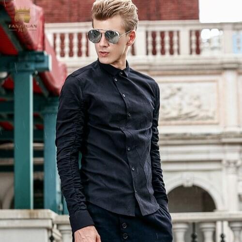 Free Shipping New fashion male Mens man long sleeved slim Korean oblique black shirt placket fold Shirt 713127 FanZhuan 4XL 5XL