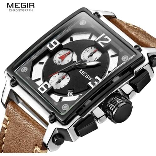 MEGIR Men Casual Quartz Watches Sports Military Square Chronograph Wristwatch Waterproof Relogios Masculino Man Clock 2061Brown