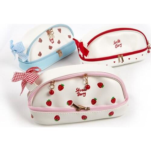 Cherry Pencil Cases Kawaii Stationery School Supplies Double-Layer Portable Strawberry Love PU Pencil Bag