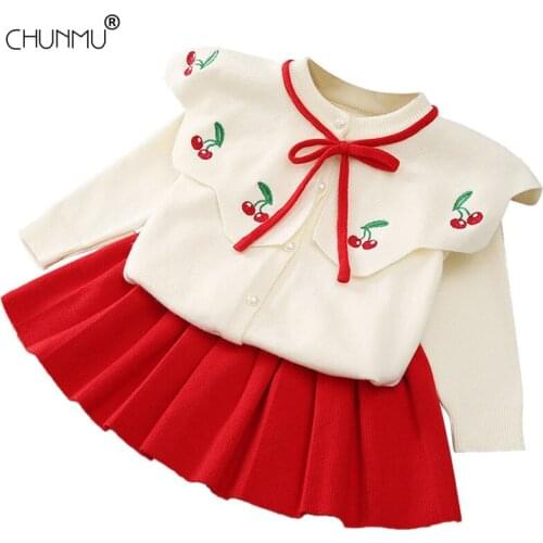 Kids Clothes Set For Childrens Suit Doll Collar Cherry Knit Sweater Pleated Skirt 2Pcs Outfits Autumn Sweet Baby Girls Clothing