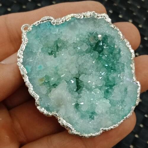 DHXYZB 40-50mm Natural Agate geode cluster Pendant Electroplating green Stone Quartz Crystal mineral Reiki Healing Jewelry Gift