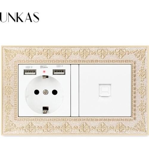 UNKAS EU Socket With Dual USB Charge Port + RJ45 Computer Jack 146MM*86MM Hidden LED Indicator 4D Embossing Zinc Alloy Panel