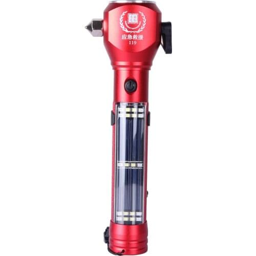 Solar Powered Flashlight USB Rechargeable Car Emergency Survival Flashlight With Window Breaker Belt Cutter Alarm