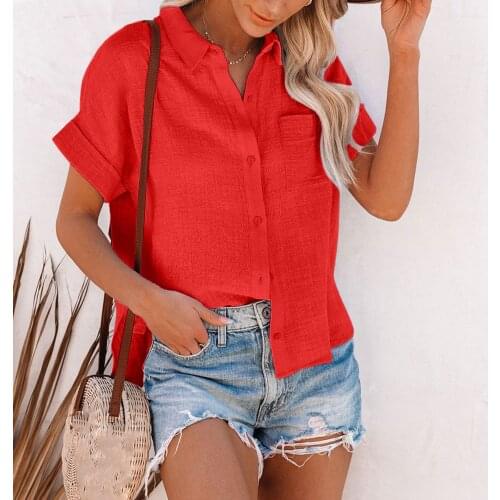 2021 New Summer Simple basic T-shirt Fashion Women Solid Color Cotton And Linen Shirts Short Sleeve Lapel Button Button Shirt