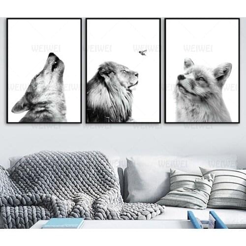 Canvas Painting Black White Lion Fox Wolf Raccoon Animals Wall Art Nordic Posters and Prints Wall Pictures for Living Room Decor