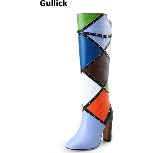 Hot Selling Knee-High Boots Women Mixed color round Toe Square High Heels shoes Super Fashion Elegance Fall Winter Boots Plaid
